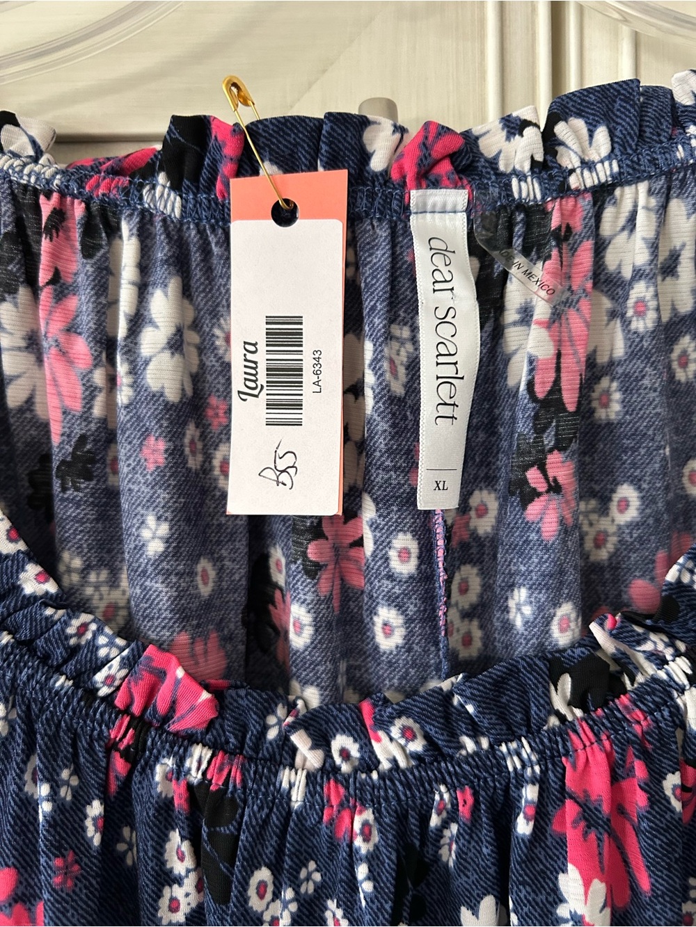 Dear Scarlett Women’s Navy Floral Peasant Top with Pink & White Blossoms - Picture 6 of 6